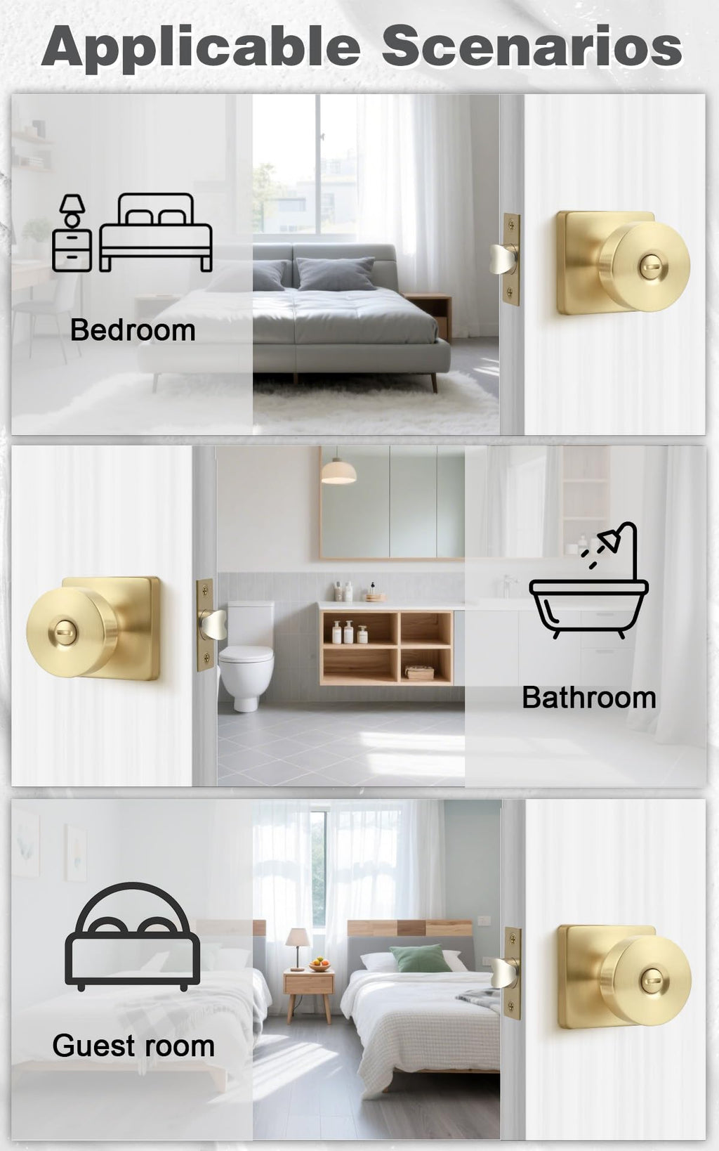 Probrico Privacy Door Handles Interior 5 Pack, Modern Keyless Bedroom/Bathroom Door Knob Inside, Square Base Doorknobs with Brushed Gold Finish