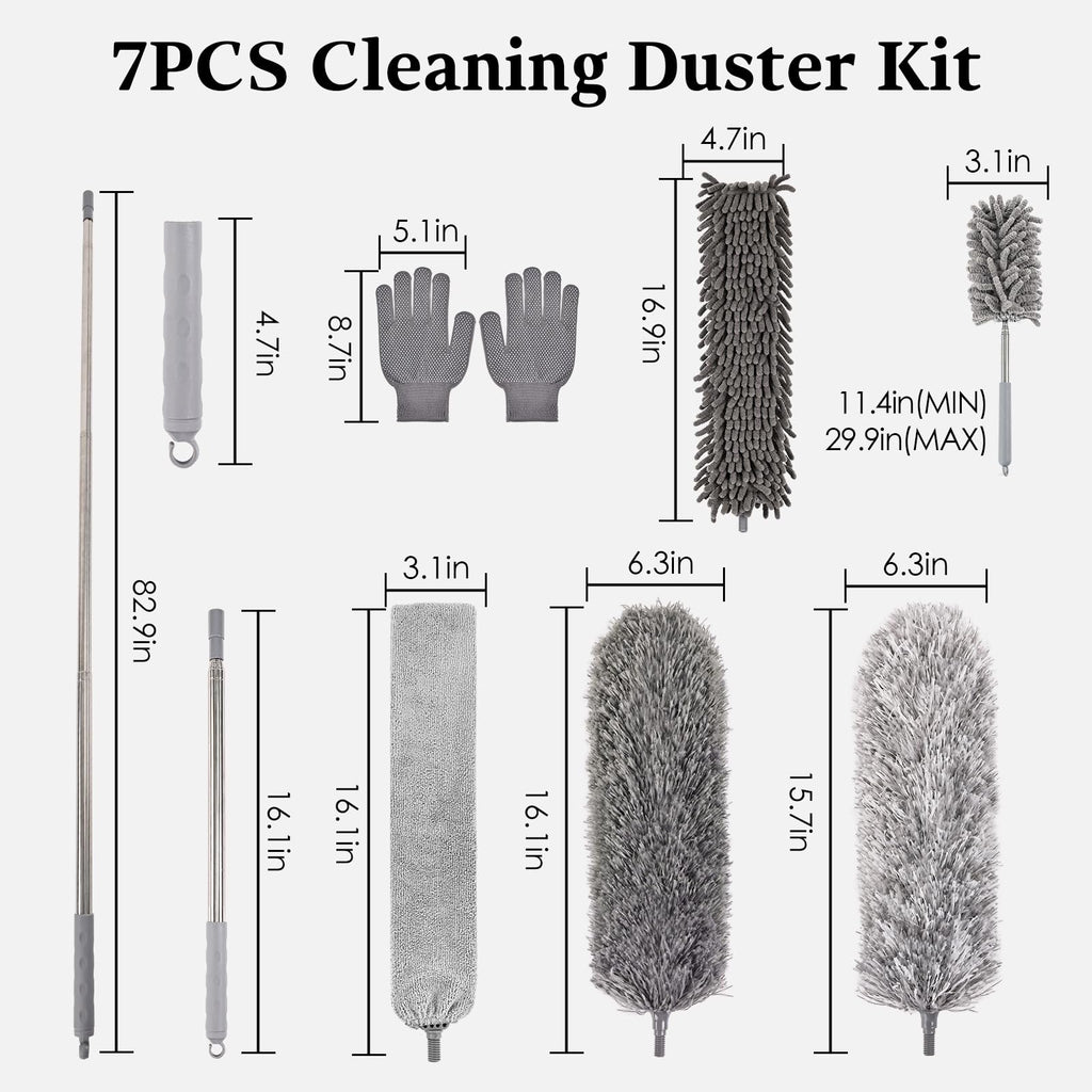 Microfiber Feather Duster Kit with Extension Pole, 7 PCS Washable Reusable Duster for Cleaning, 100'' Bendable Extendable Long Duster with Stainless Steel Pole for High Ceilings, Fans, Furniture & Car