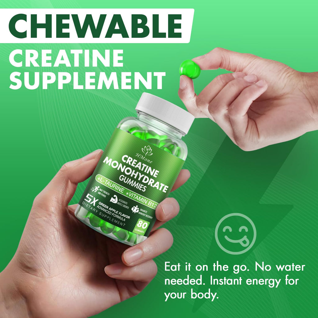 Creatine Monohydrate Gummies - 5g for Men & Women, 160 Count and Creatine Chewable Supplements for Muscle Gain, Muscle Strength, Green Apple Flaavor