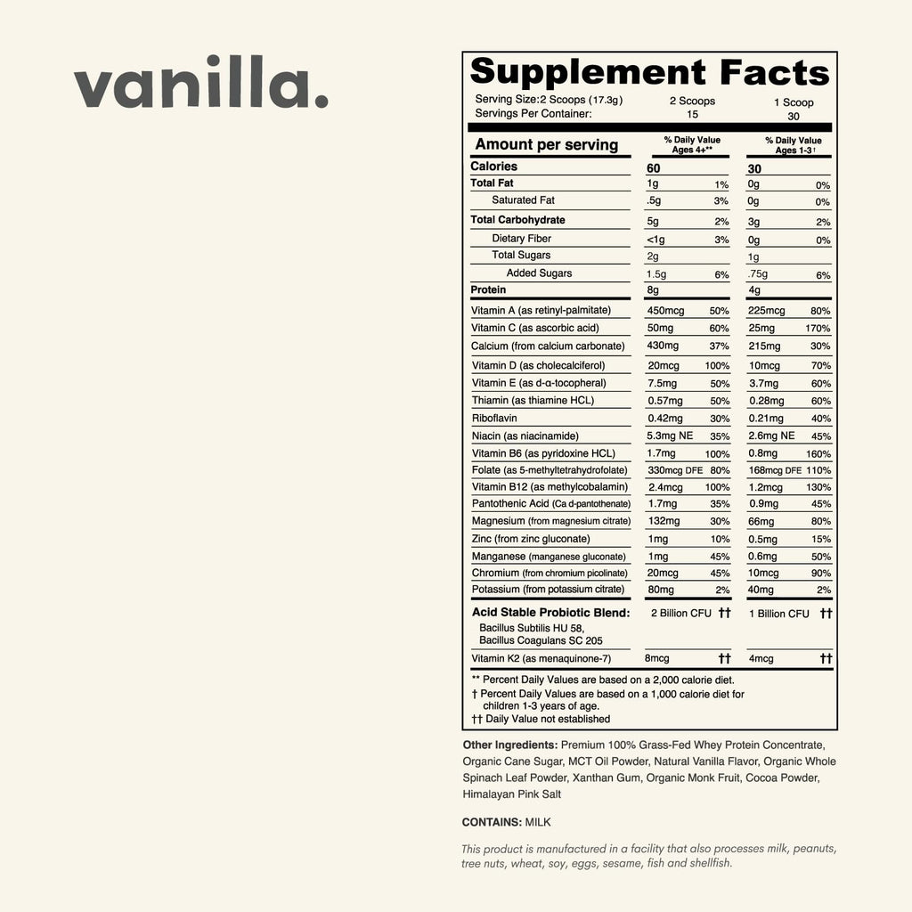 Nurished Vanilla Mighty Milk - Kids All-in-One Daily Protein Powder & Multivitamin Boosted with 2 Billion Probiotics & Organic Spinach - Natural Flavors, Colors & Sweeteners - 15-30 Servings