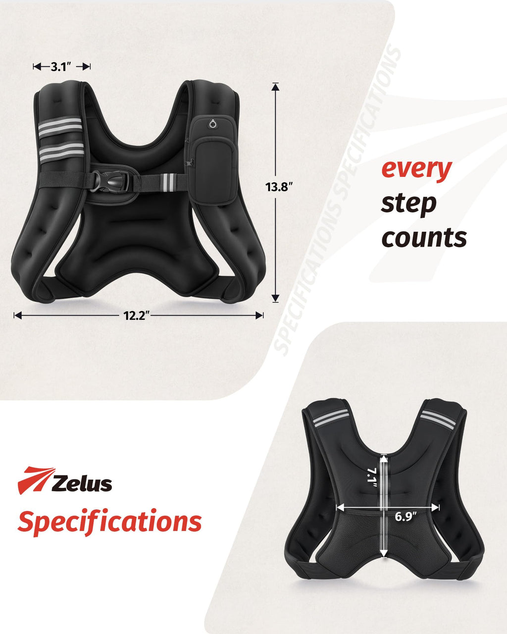 ZELUS Weighted Vest, 6lb/8lb/12lb/16lb/20lb/25lb/30lb Weight Vest with Reflective Stripe for Workout, Strength Training, Running, Fitness, Muscle Building, Weight Loss, Weightlifting, Black(8 lb)