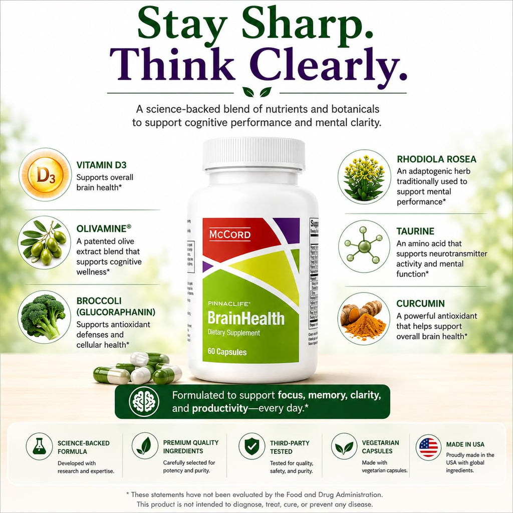 Pinnaclife McCord BrainHealth Brain Supplement with Olivamine, Vitamin D3, B6 & B12, Rhodiola Rosea, Magnesium & Taurine, Supports Memory, Focus, Clarity & Productivity for Men and Women
