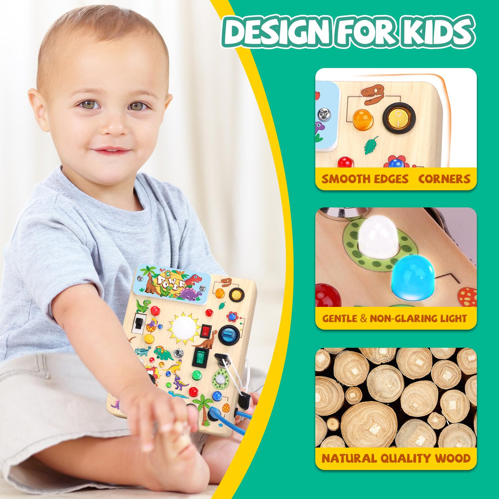 Iabedi Dinosaur Busy Board, Wooden Toddler Toy, Sensory Travel Toy, Ideal Gift for 1-3 Years Old Boys (Dinosaur Busy Board Plus V2), Blue