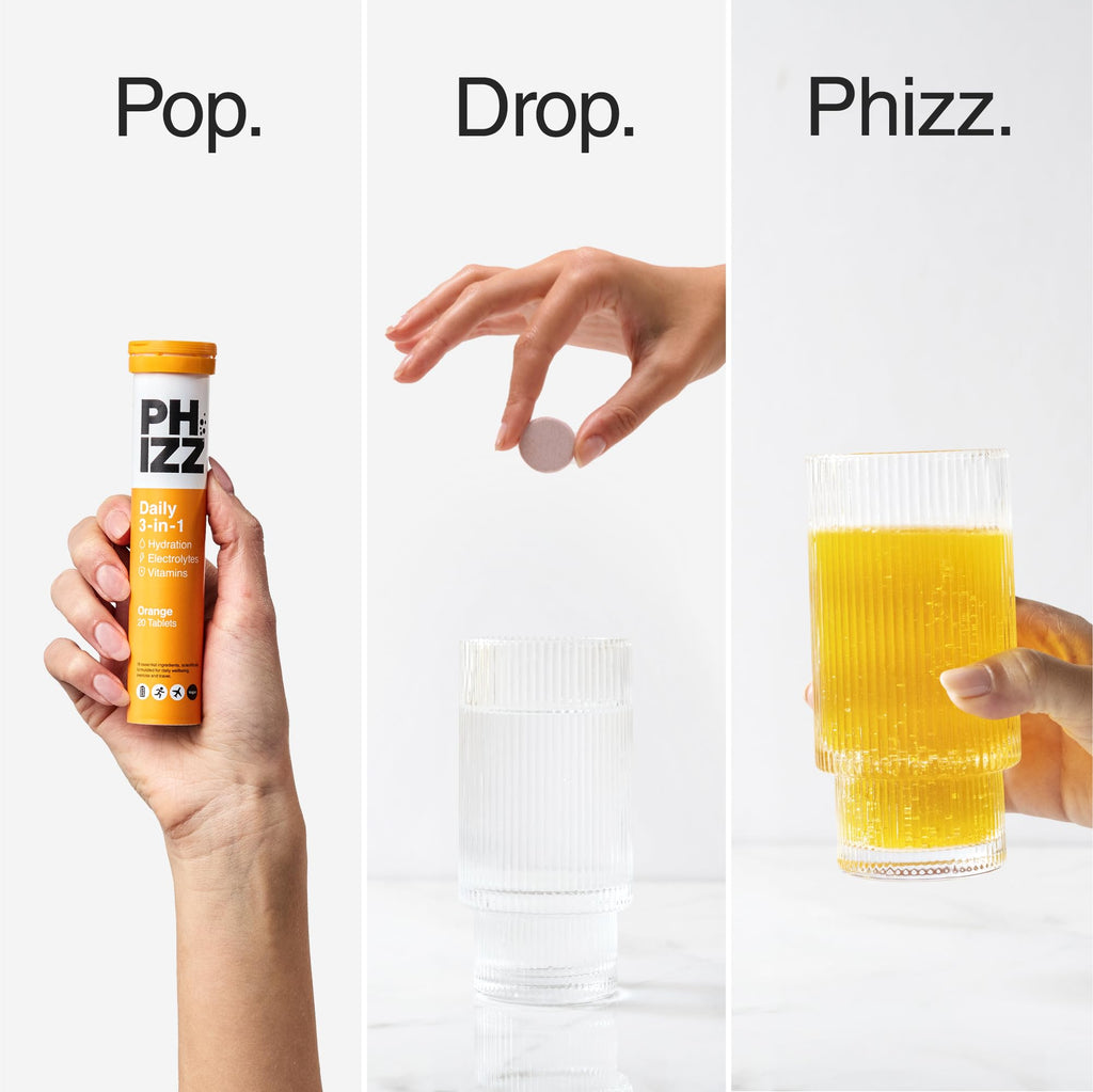 Phizz Electrolyte Multivitamin Rehydration Tablets - 19 Vitamins & Minerals, Energy Boost (Orange, 20 Tablets)