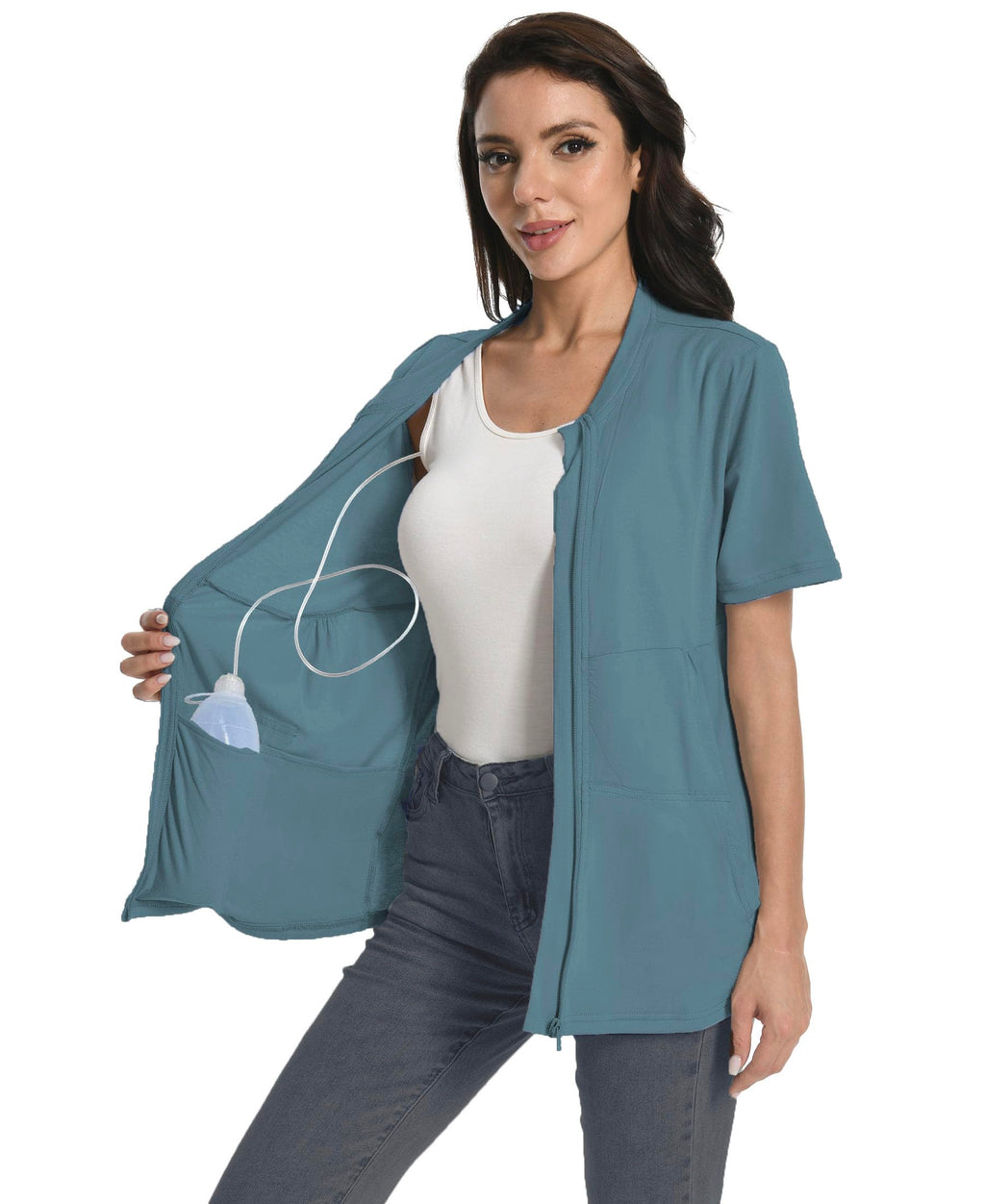 Mastectomy Shirt with Drain Pockets Breast Mastectomy Recovery Supplies Nephrostomy Drain Bag Tummy Tuck Must Haves Clothing Comfy Post OP Camisoles After Mastectomy Short Sleeve Shirts Peacock Blue