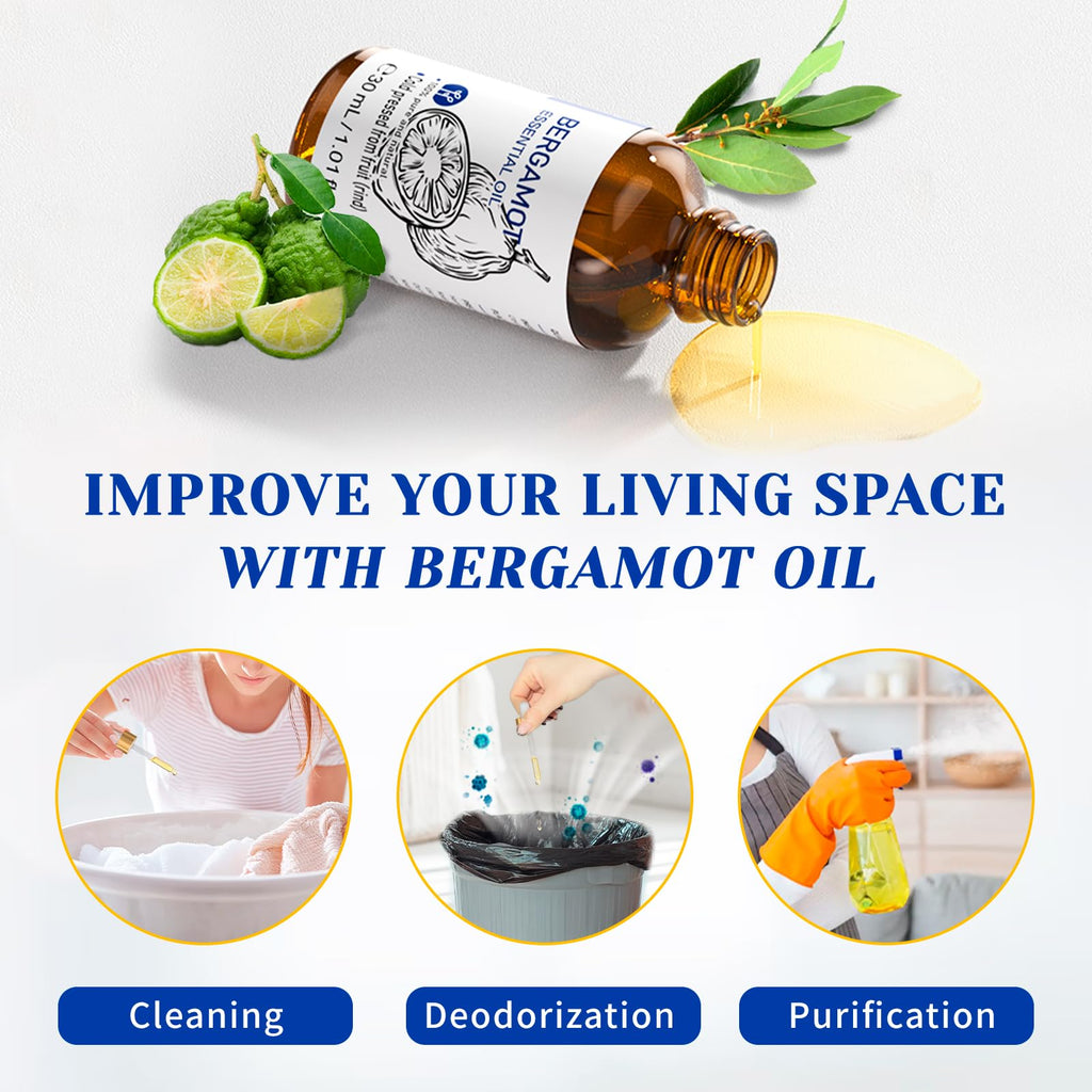 HIQILI Bergamot Essential Oil for Diffuser, Skin, Hair, DIY, 100% Pure & Natural - 1.01 Fl Oz (30 mL)