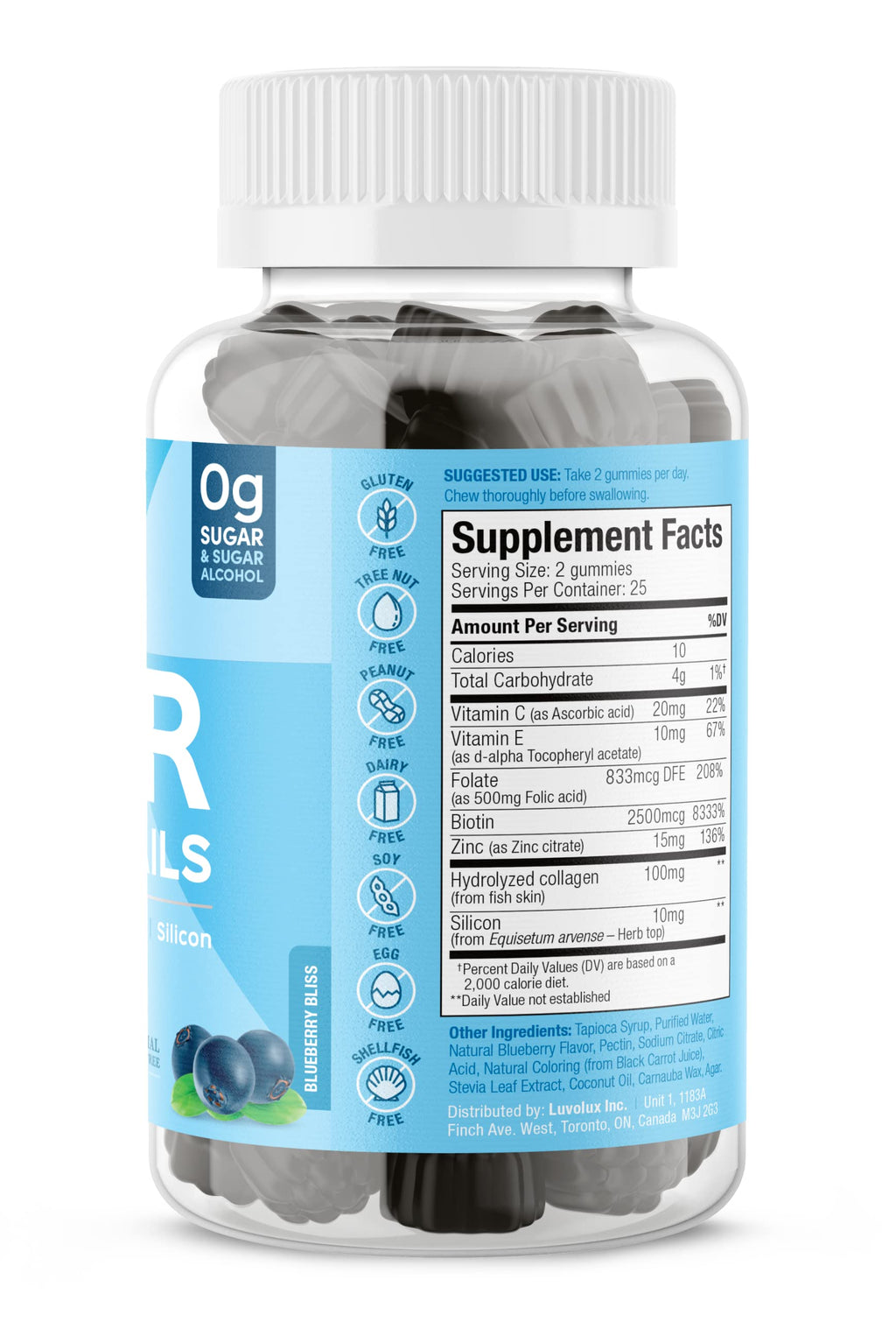 SUKU Vitamins - Luscious Hair - Silicon Biotin and Hydrolyzed Marine Collagen Gummies for Skin, Hair & Nails - Easy to Chew - Non GMO, Gluten Sugar Free - Blueberry Flavored Gummy Vitamins - 50 Count