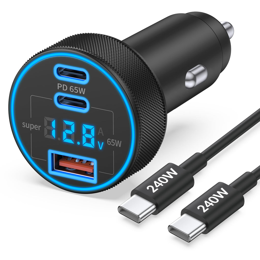 130W 3-Port USB C Super Fast Car Charger (with Voltage Display) for Samsung