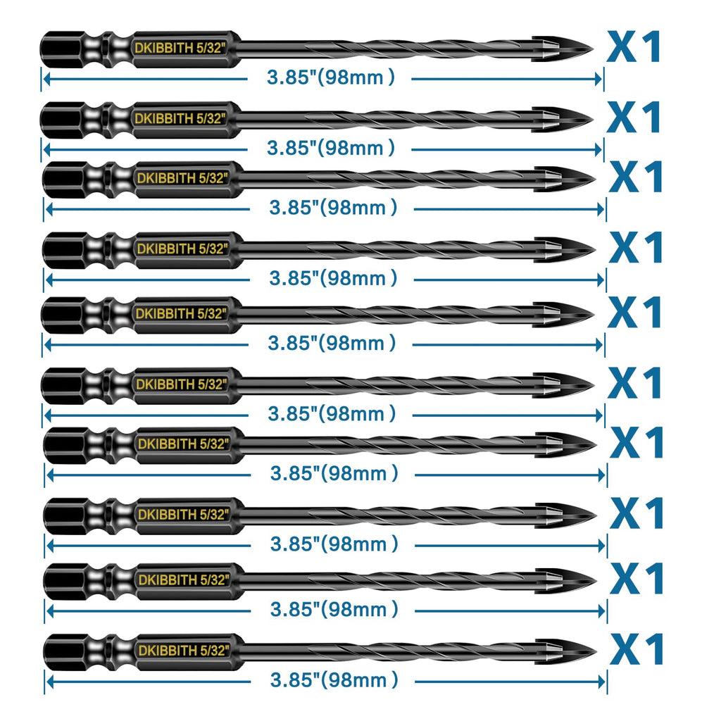 10 Pcs 5/32" Masonry Concrete Drill Bit Set for Tile Brick Glass Plastic Wood, Cross Tungsten Carbide Tip, Hex Shank, Work with Ceramic Porcelain Tile Wall Mirror Paver, 5/32 Inch Drill Bits,4mm
