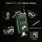 5-in-1 Torch Lighter with V-Shape Shear, Punch, Holder, and Draw Enhancer, Triple Windproof Flame, All-in-one Lighter with Multi-Functional Accessory, Refillable Butane Lighter with Gift Box for Men