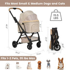 Foldable Dog Stroller Portable Compact Pet Stroller for Small Medium Dogs Cats Up to 35lbs One Click Folding Large Cat Carriage with Adjustable Canopy, Storage Basket - Khaki