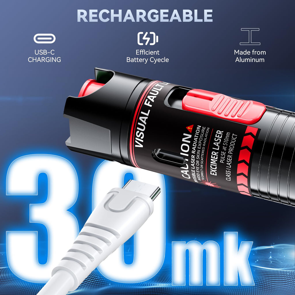 Visual Fault Locator 30KM - Rechargeable VFL Fiber Optic Tester Kit Include Single Mode 9/125um FC Male to LC Female Adapter, Fiber Optic Lights for Network Cable