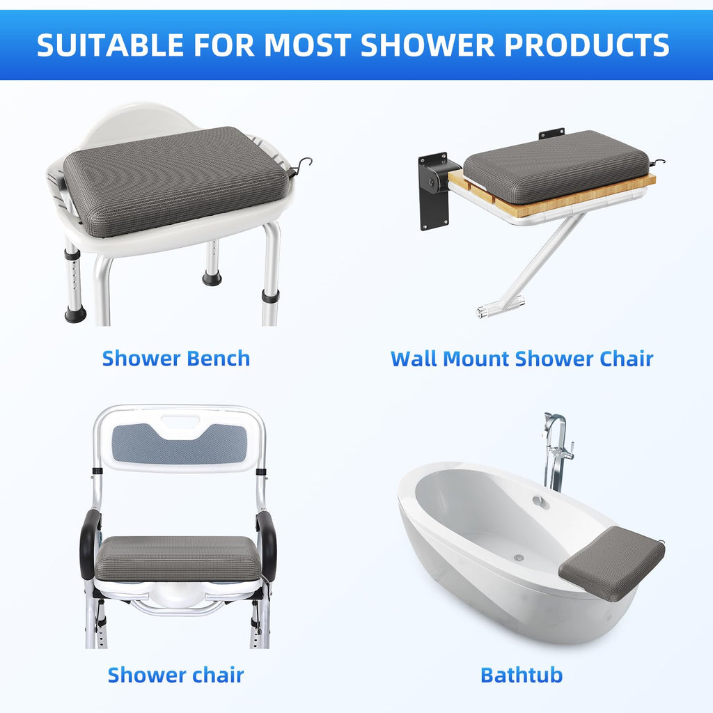 Fasjloctavty Shower Seat Cushion with Non-Slip Silicone Bottom, Shower Chair Cushion for Transfer Benches,Washable 3D Mesh Pad with Hook,Quick Drying Bathtub Chair Pad for Elderly, Pregnancy