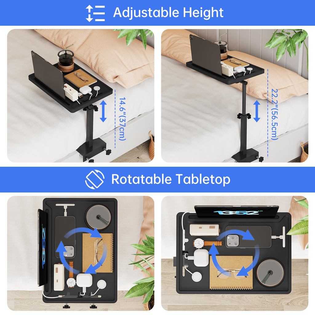 NiHome Height-Adjustable Bedside Shelf with Rotating Foldable Tray for Dorms, Apartments, Small Bedrooms, Fits Bed Frames 0.7"-2.7" Wide, Holds 15" Laptops, Phones, Snacks, Books, Alarm Clocks (Black)