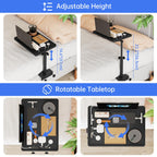 NiHome Height-Adjustable Bedside Shelf with Rotating Foldable Tray for Dorms, Apartments, Small Bedrooms, Fits Bed Frames 0.7"-2.7" Wide, Holds 15" Laptops, Phones, Snacks, Books, Alarm Clocks (Black)