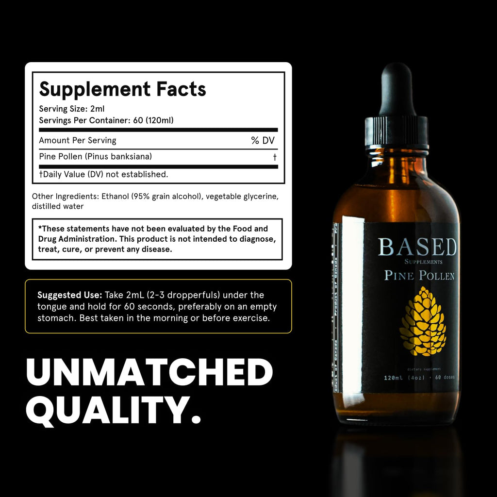 Based Pine Pollen Tincture | Wild-Harvested Pine Pollen Liquid Extract for Energy, Vitality & Hormonal Support | Rich in Phytosterols, Amino Acids & Antioxidants | 4 oz (60 Servings)