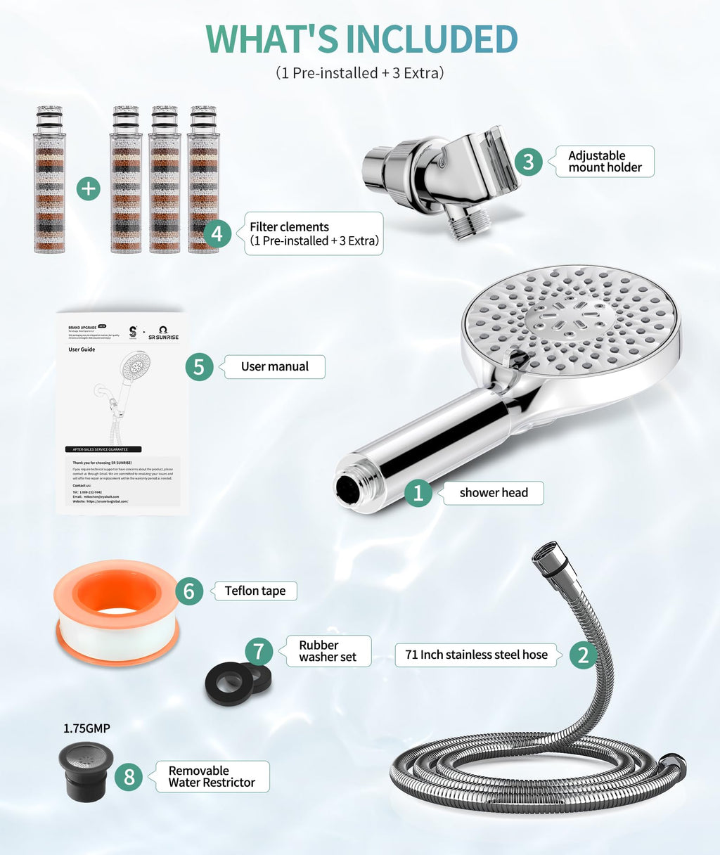 SR SUN RISE Filtered Shower Head with Handheld High Pressure 9 Spray Mode Showerhead Detachable Shower Head Water Softener Filters Beads for Hard Water Remove Chlorine 4 Filters Chrome