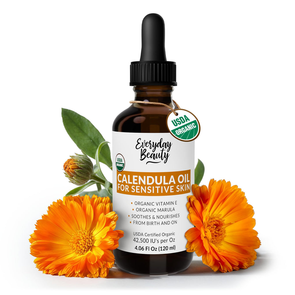 Organic Calendula Oil For Sensitive Skin - USDA Certified 100% Plant Based, Lightweight & Unscented Gentle Soothing Oil For Sensitive Skin - For Face, All Over - Large 4.06 Fl Oz Glass & Dropper