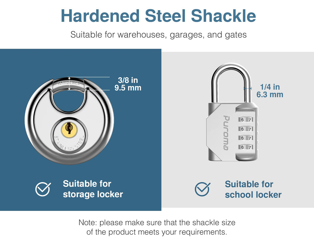Puroma Keyed Padlock, Stainless Steel Lock Heavy Duty Locks with 6 Keys, Waterproof and Rustproof Storage Lock with 3/8 Inch Shackle for Warehouse, Garage, Storage Locker, and Outdoors (2 Pack)