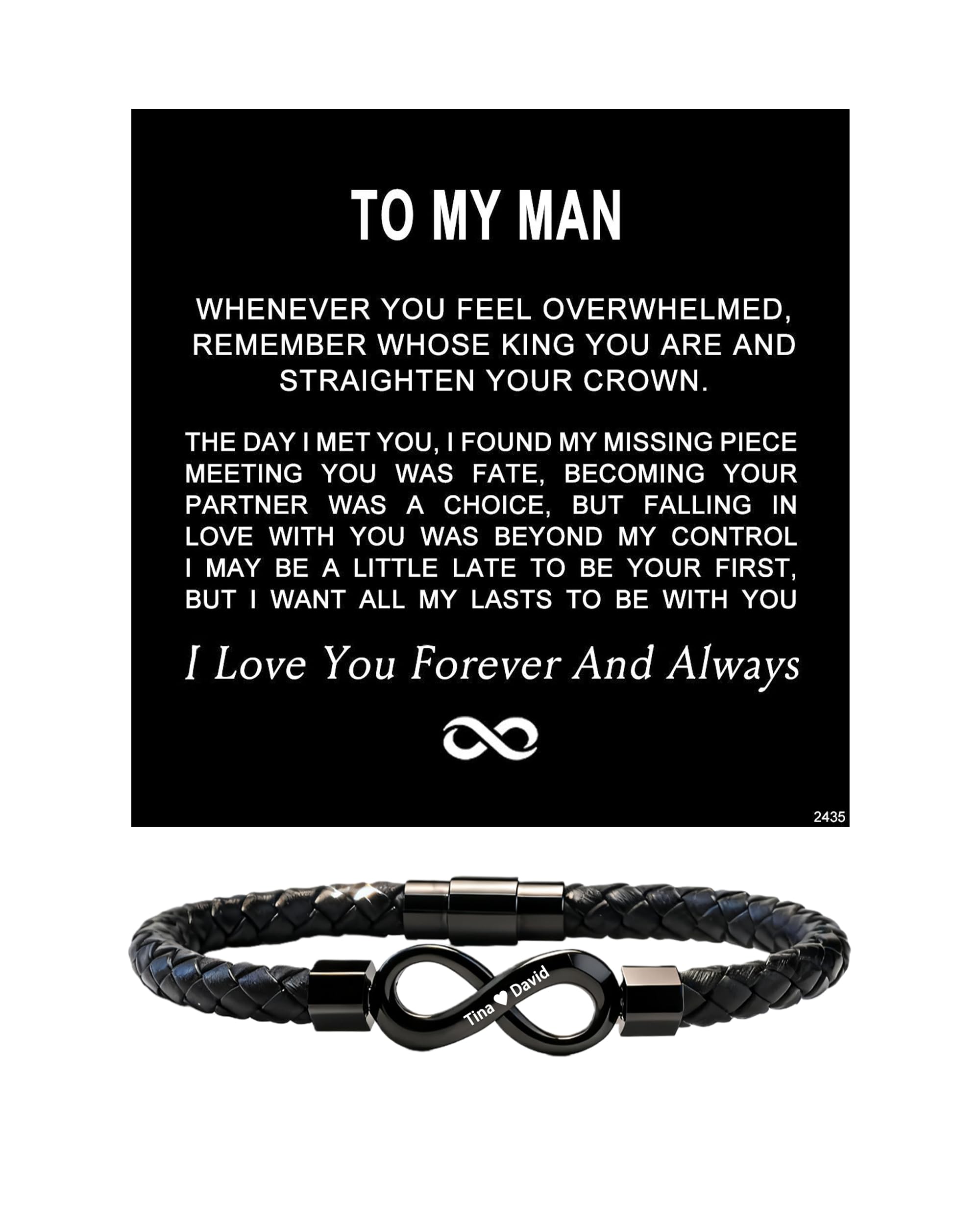 ziella To My Man,Personalized Dual Name Infinity Leather Bracelet,Personalized Custom Name Stainless Steel Bracelet Valentine Birthday Gifts for Him (L (Large), 9-inch)