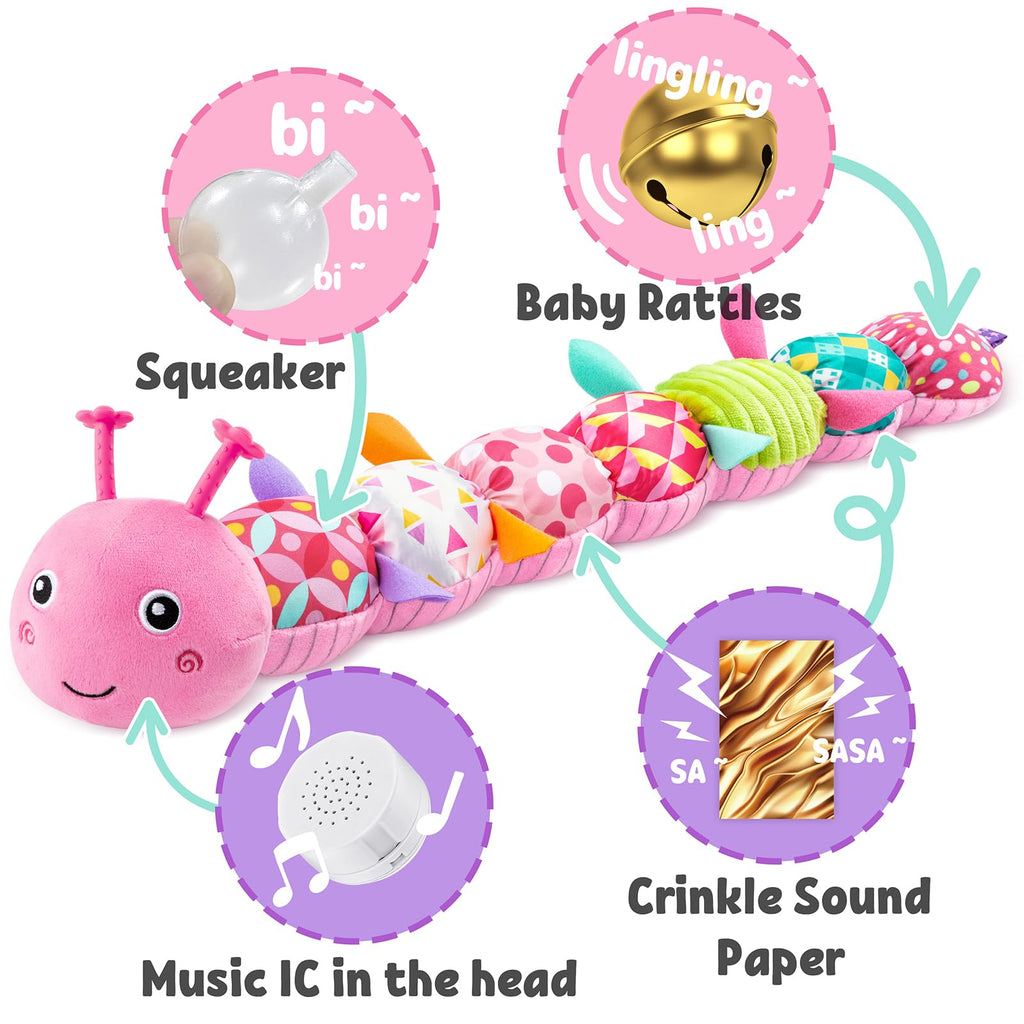 LIGHTDESIRE Baby Toys Musical Caterpillar,Infant Stuffed Animal Toy with Crinkle and Rattles,Soft Sensory Toys with Textures for Tummy Time Newborn Boys Girls 0 3 6 12 Months(Pink)