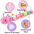 LIGHTDESIRE Baby Toys Musical Caterpillar,Infant Stuffed Animal Toy with Crinkle and Rattles,Soft Sensory Toys with Textures for Tummy Time Newborn Boys Girls 0 3 6 12 Months(Pink)
