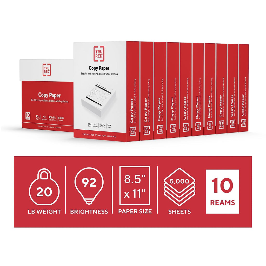 TRU RED by Staples Copy & Printer Paper, 8.5x11, 20lb, 92 Bright, 5,000 Sheets/Carton