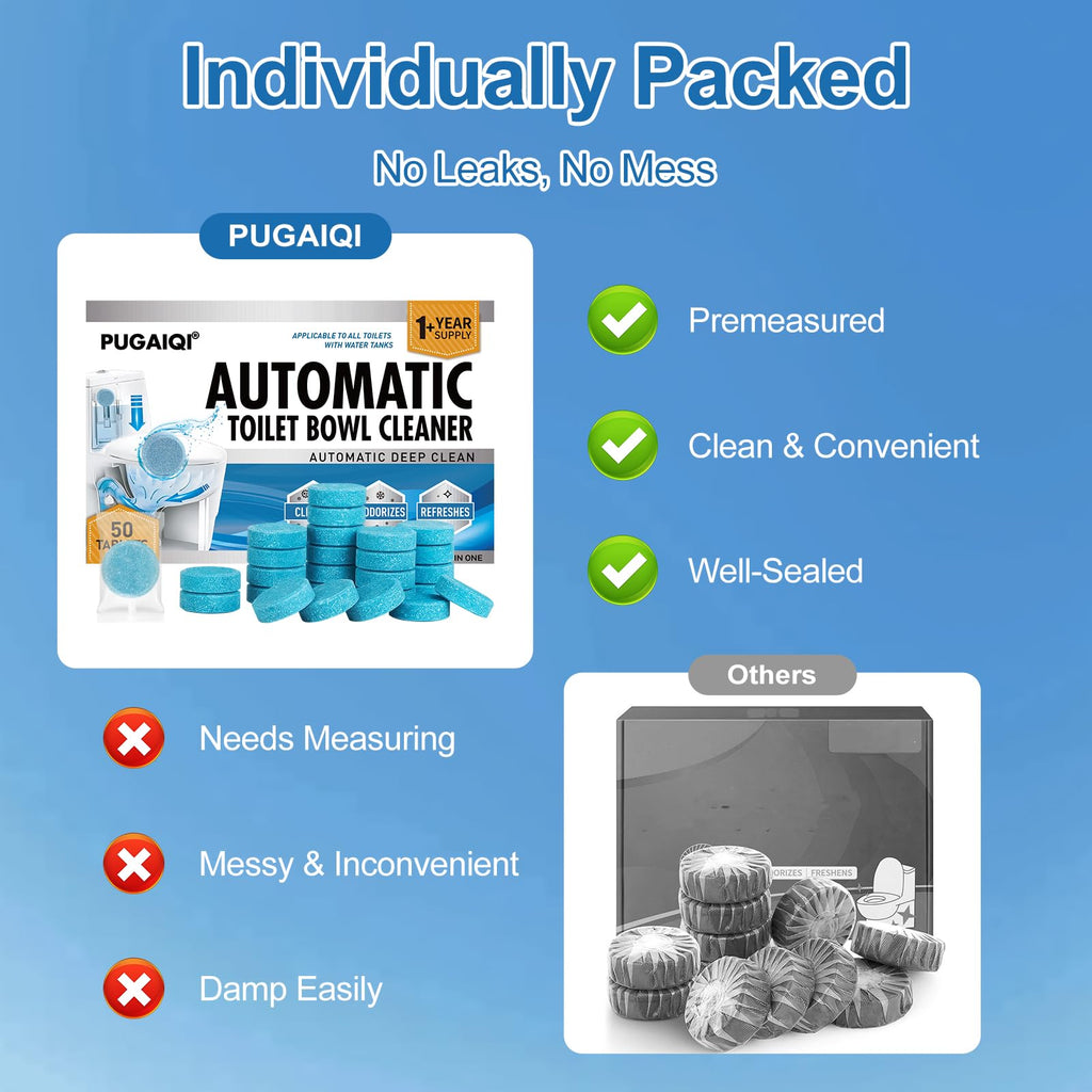 PUGAIQI Toilet Bowl Cleaner Tablets Blue Toilet Tank Cleaners, Septic-Safe Hard Water Stain Remove, Effervescent Stain & Odor Remover Bathroom， Automatic Toilet Cleaning & Deodorizer 50 TabsTTDS