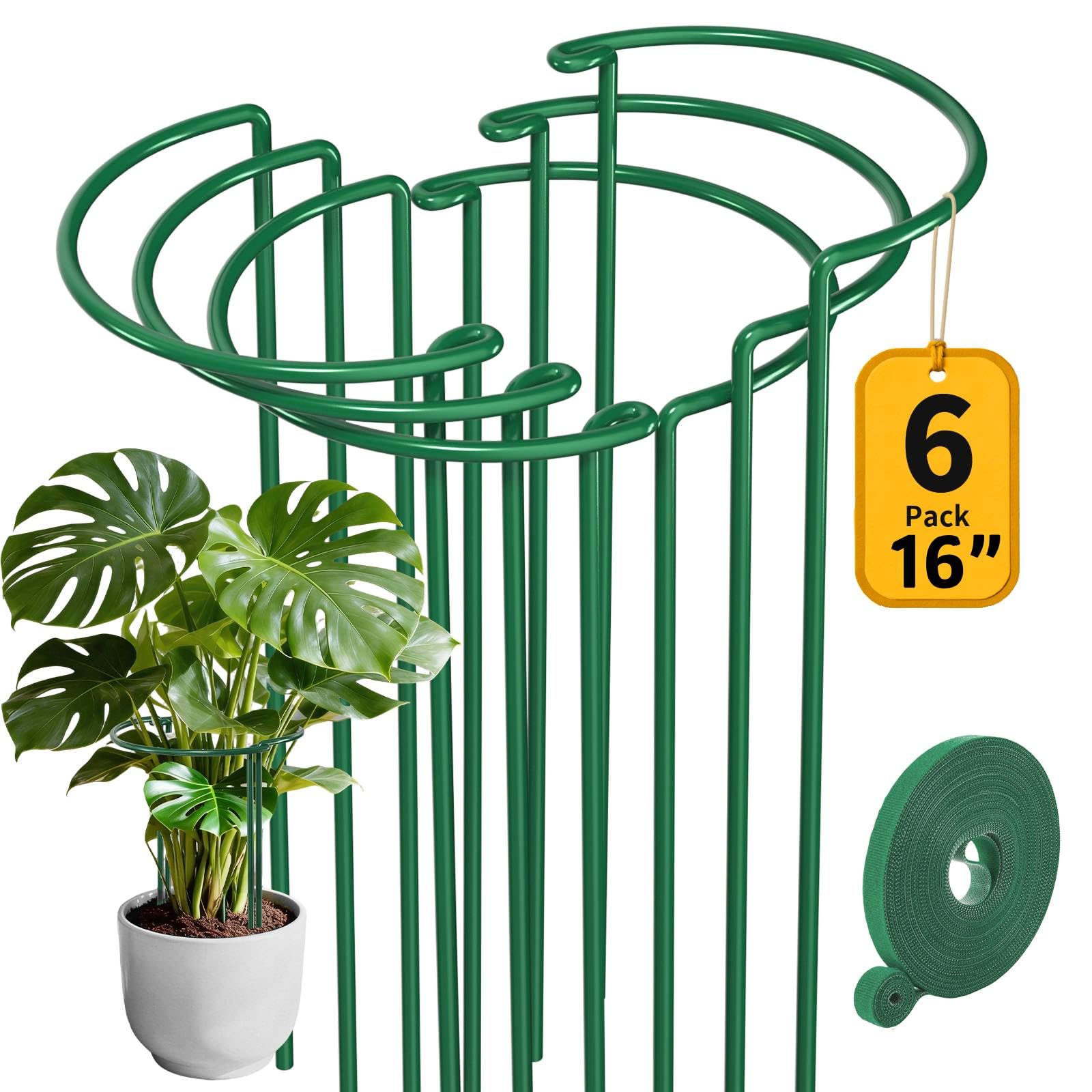 AMAGABELI 6 Pack 16 Inch Plant Support Stakes Peony Cage Heavy Duty Ring Metal Garden Support Structures Plant Cage with Ties for Indoor Flower Outdoor Tomato Hydrangea Monstera