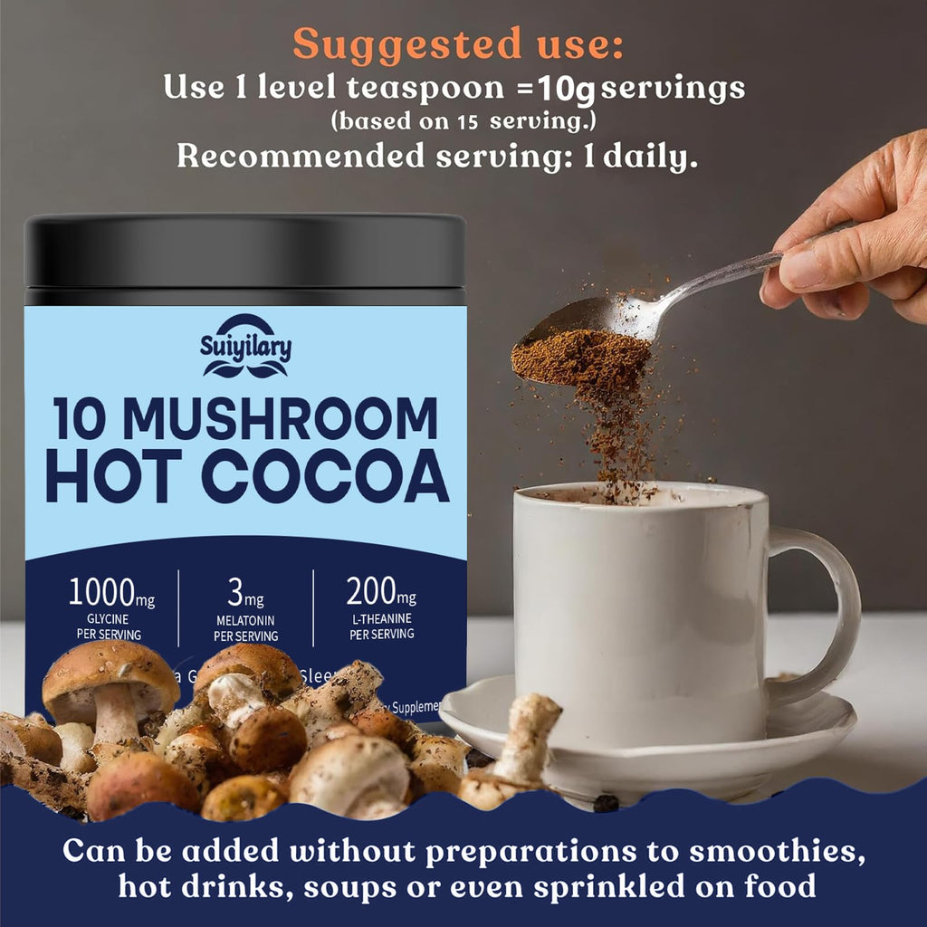 Suiyilary 10 Mushroom Hot Cocoa, 3mg Melatonin Sleep Supplement, Sugar Free Keto Cocoa Powder, Nighttime Drink, 1000mg Glycine, 200mg L-Theanine, Help Fall Asleep and Stay Asleep, 15 Servings