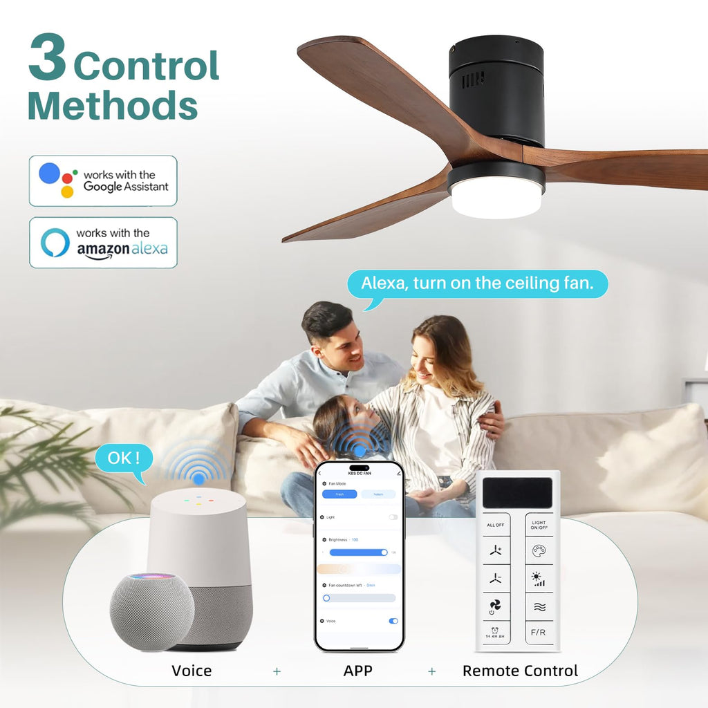 Sofucor 52 Inch Smart Ceiling Fans with Lights-Flush Mount Low Profile Modern Outdoor Solid Wood Ceiling Fans with Alexa/Google Assistant/APP/Remote Control for Bedroom/Farmhouse/Patio, Brown Black