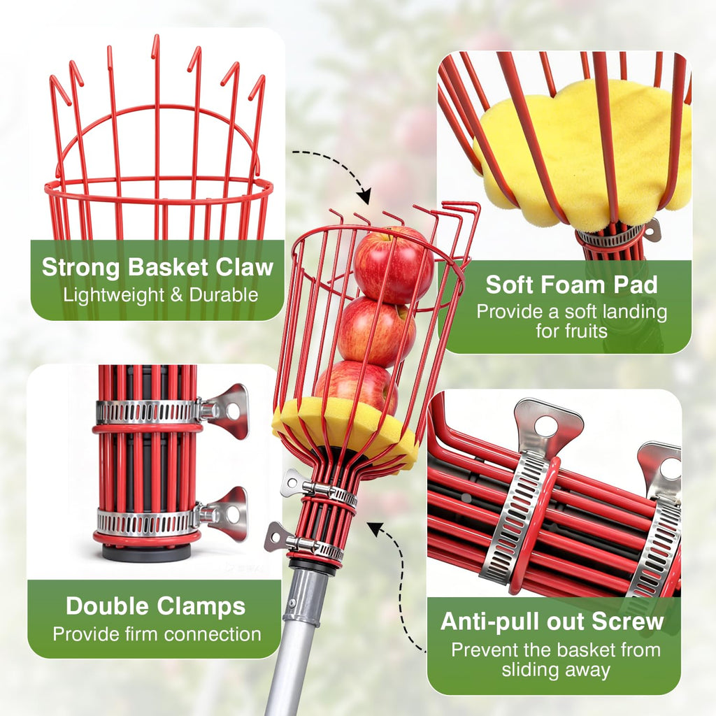 ARTIPOLY 20FT Reach Telescoping Fruit Picker, 4-12FT Adjustable Aluminum Pole with Basket, Lightweight Heavy Duty Tool for Harvesting Apples Mangoes Avocados Pears Lemons