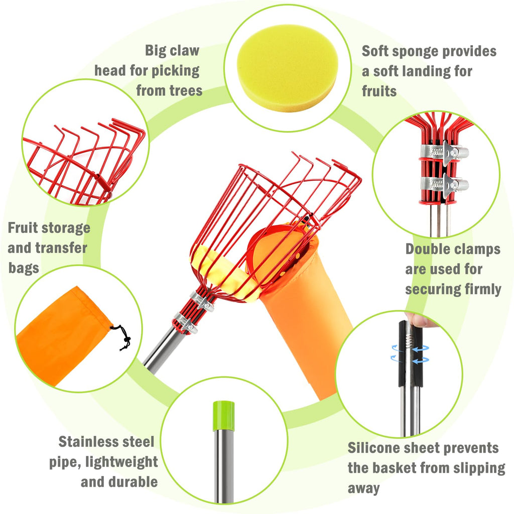 UQM 12.8FT Fruit Picker Pole Adjustable with Basket Harvest Bag