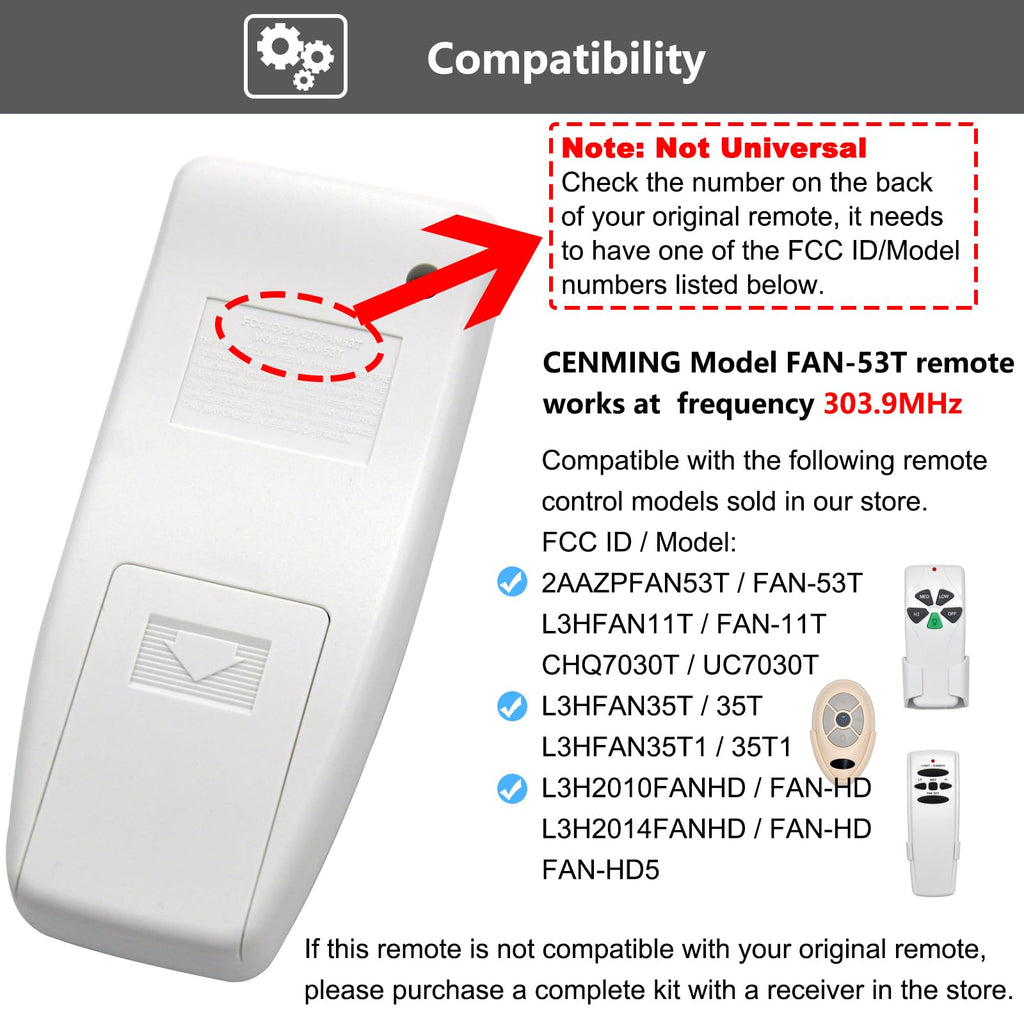 CENMING Ceiling Fan Remote Control Replacement for Harbor Breeze Hampton Bay,303.9MHz 3-Speed Light Dimmer, for FAN-11T L3HFAN11T 35T1 CHQ8BT7030T UC7030T CHQ7030T 2AAZPFAN53T FAN-53T (Remote Only)