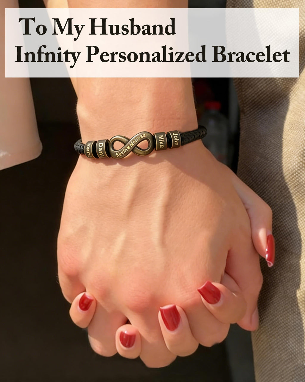 ziella Personalized Infinity Bracelet for Husband, Custom Braided Leather Bracelet with Engraved Name Beads, Anniversary Birthday Gift (9inch, Irreplaceable)