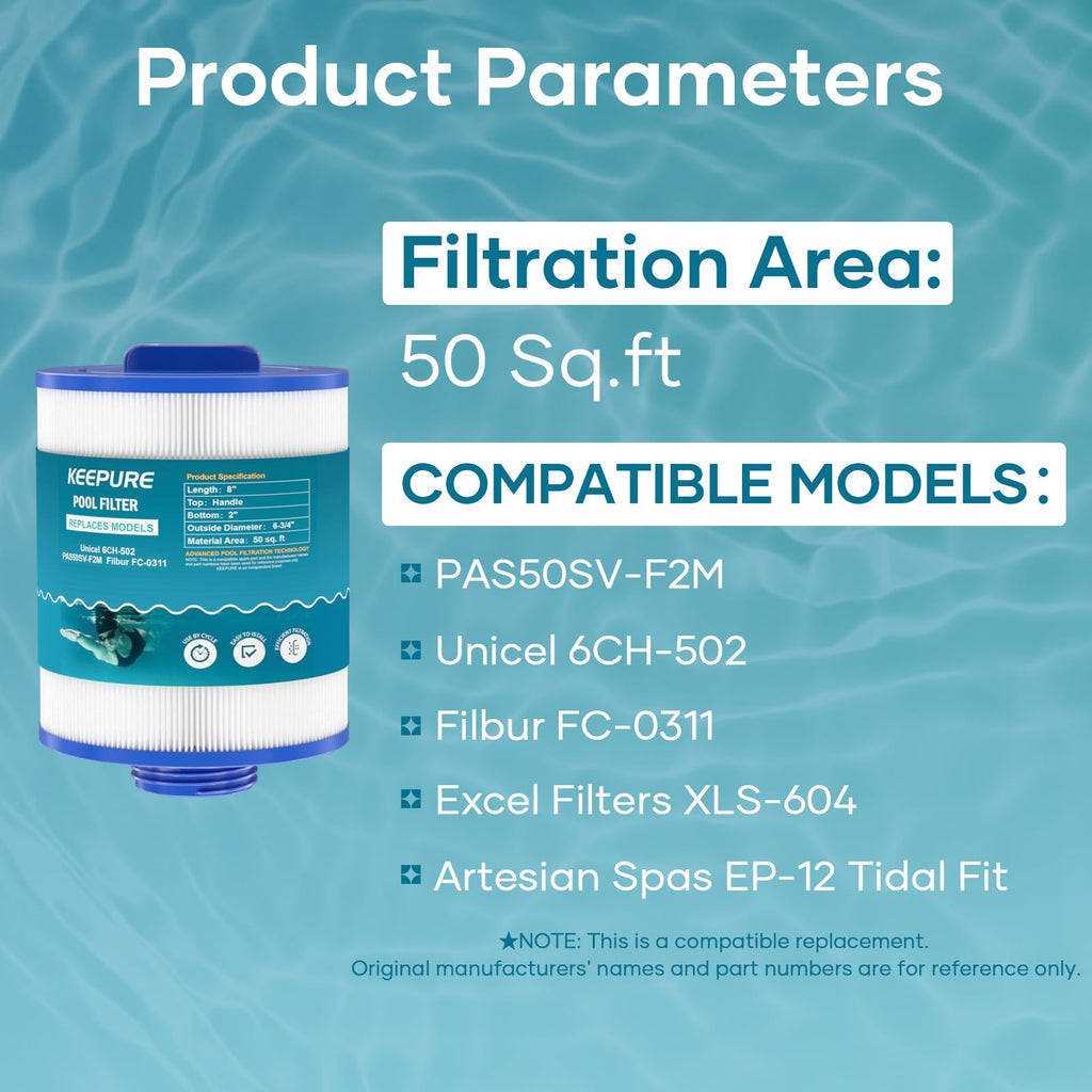 KEEPURE PAS50SV-F2M Hot Tub Filter Replacement for Artesian Spas,06-0005-12,6CH-502,06-0006-12,Filbur FC-0311,XLS-604,AR50,AK-9016,M60506 Spa Filter,50 Sq.ft,2Pack