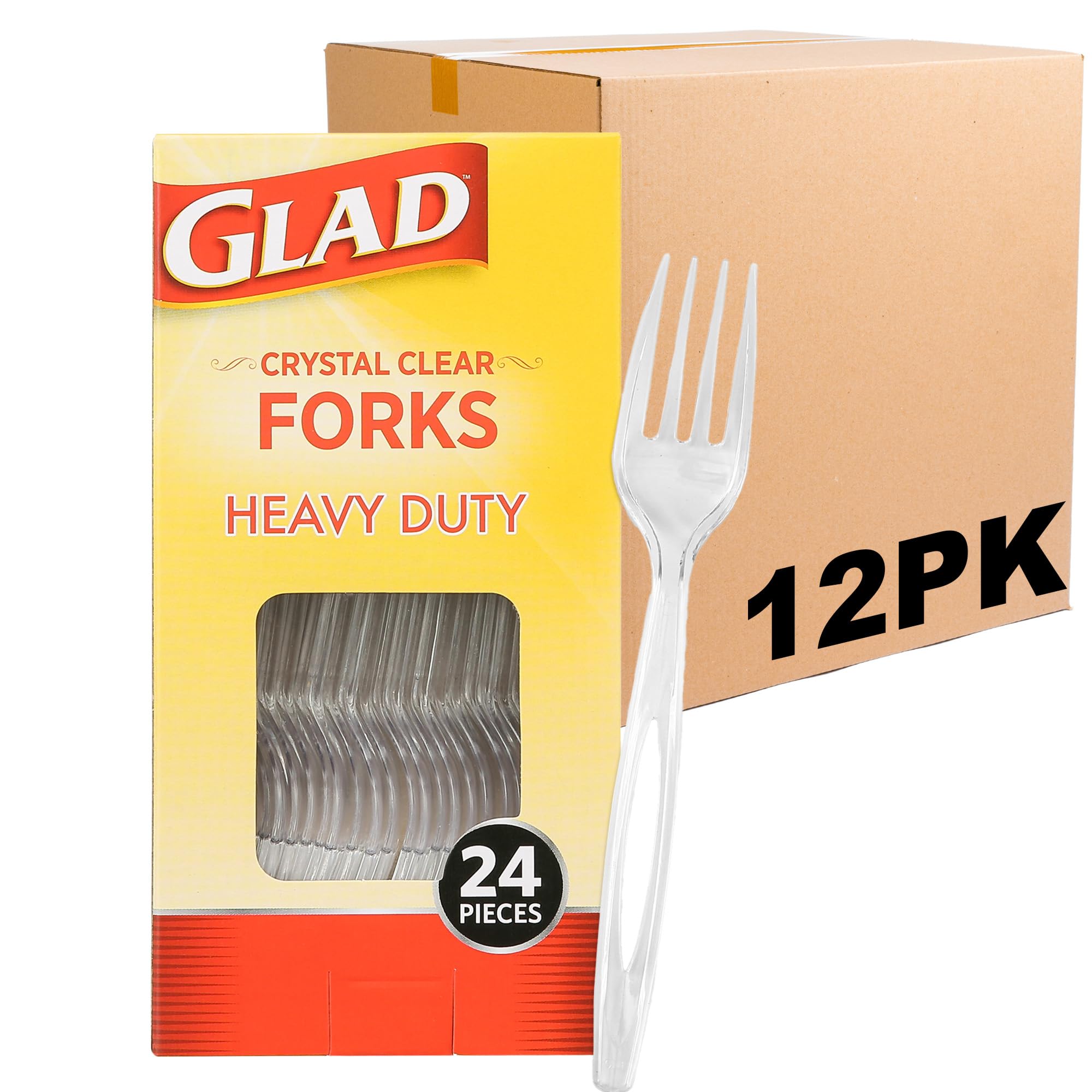 Glad Clear Heavy Duty Plastic Forks Reduced-Plastic Open Handle Break-Resistant Disposable or Reusable Cutlery Parties Camping Everyday Meals Standard Size 24 Count 12 Pack Everyday Events Home Use