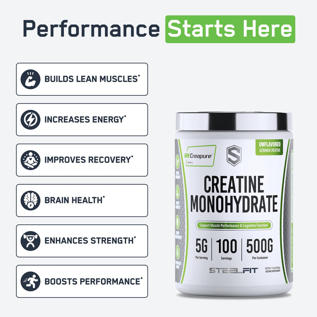 SteelFit Creapure Creatine Monohydrate Powder, Unflavored - German Micronized Creatine Powder for Men & Women - Gym Workout Nutritional Supplements for Muscle Gain, Brain Health & Strength Building