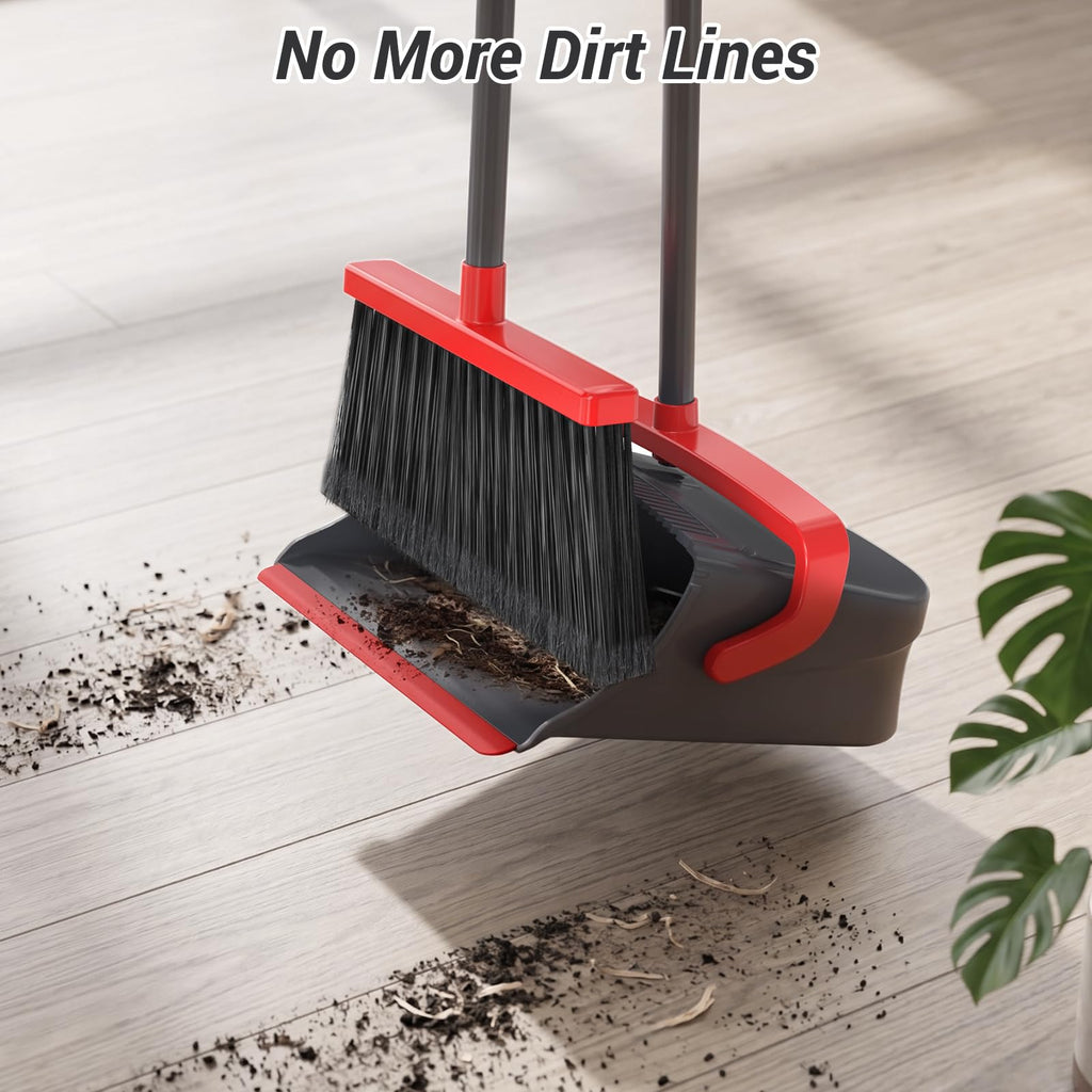 Zeawec Broom with Dustpan Combo Set, Long Handle Upright Standing Self-Cleaning Broom and Dustpan Set for Pet Hair & Dust Cleanup, Indoor Outdoor Use for Home, Kitchen, Office, Red & Gray