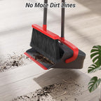 Zeawec Broom with Dustpan Combo Set, Long Handle Upright Standing Self-Cleaning Broom and Dustpan Set for Pet Hair & Dust Cleanup, Indoor Outdoor Use for Home, Kitchen, Office, Red & Gray