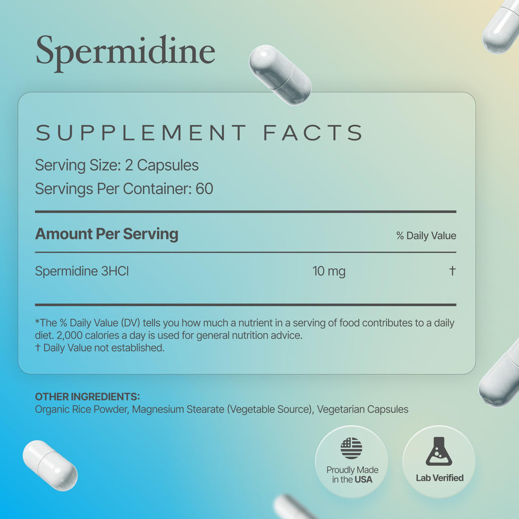 Prime Powders Spermidine Capsules Gluten Free 99% Concentration 100x More Potent Than Wheat Germ Extract for Anti-Aging DNA Telomere Support