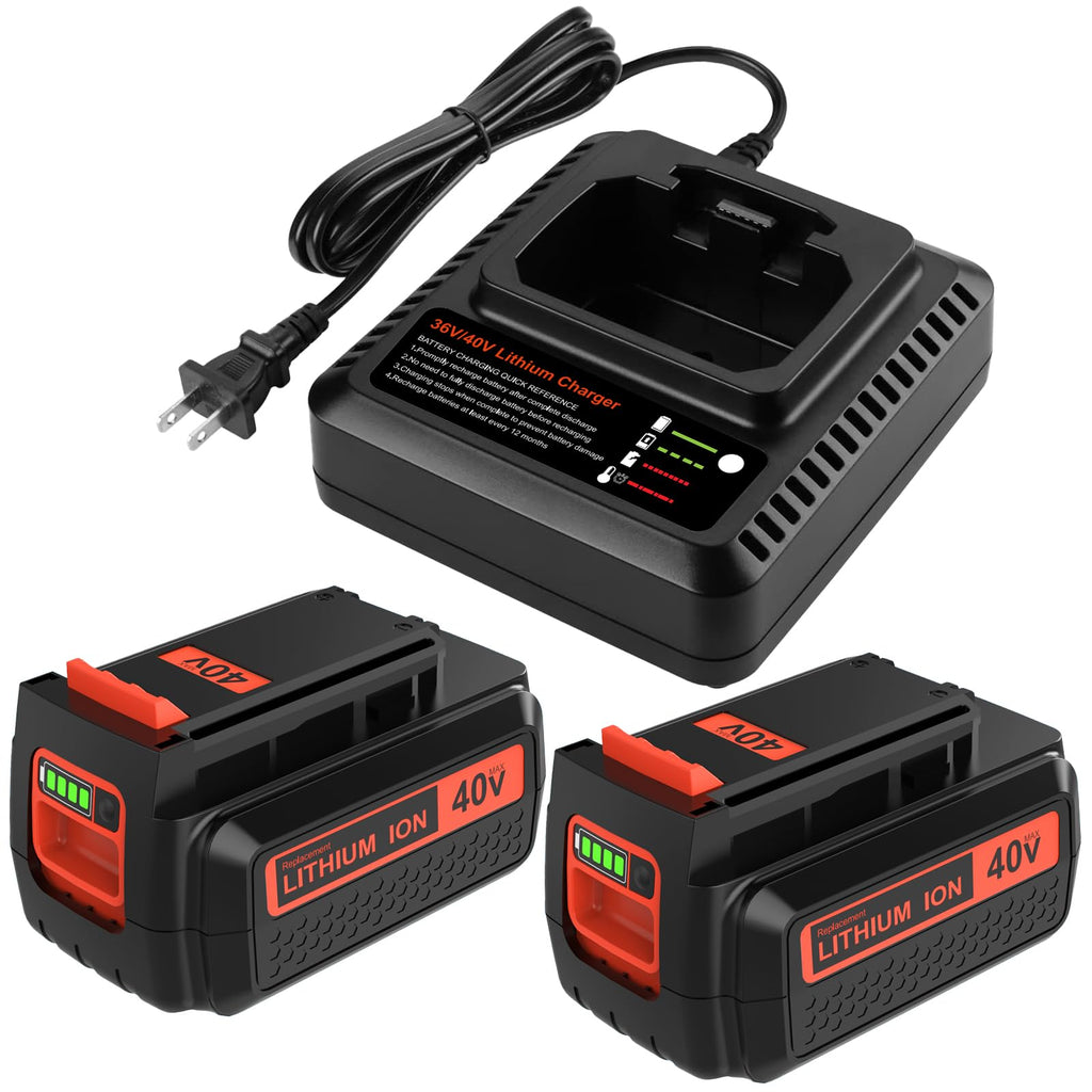 2Pack 40V 3.6Ah Replacement Battery and Charger for Black and Decker 40V Battery Lithium LBX2040 LBXR36 LBXR2036 LST540 LCS1240 LBX1540 Compatible with Black Decker 40V String Trimmer Tool(3Pack)