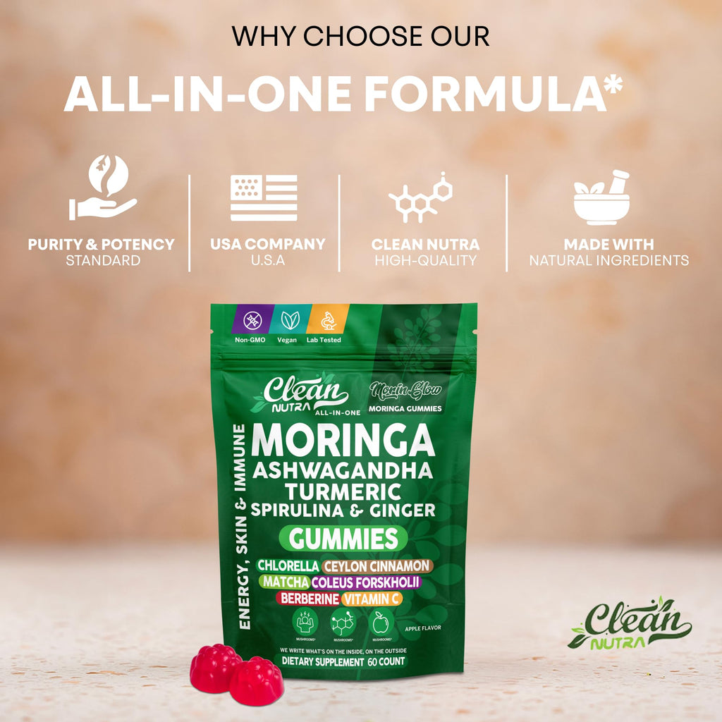 Clean Nutra Moringa Gummies | Pure Moringa Powder Supplement + Ashwagandha Turmeric Spirulina & Ginger Energy, Skin, Immune & Gut Health Green Superfood - Moringa Capsules Alternative