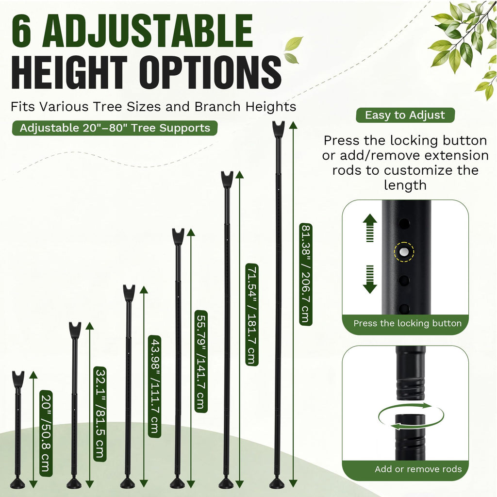 Carbon Steel Tree Support Pole with Crutch, Adjustable 20"-81" Tree Support for Leaning Trees, Prevents Fruit Trees Branch Breakage, Holds Up to 150 lbs, 360° Self Adjusting Base for Branch-Support