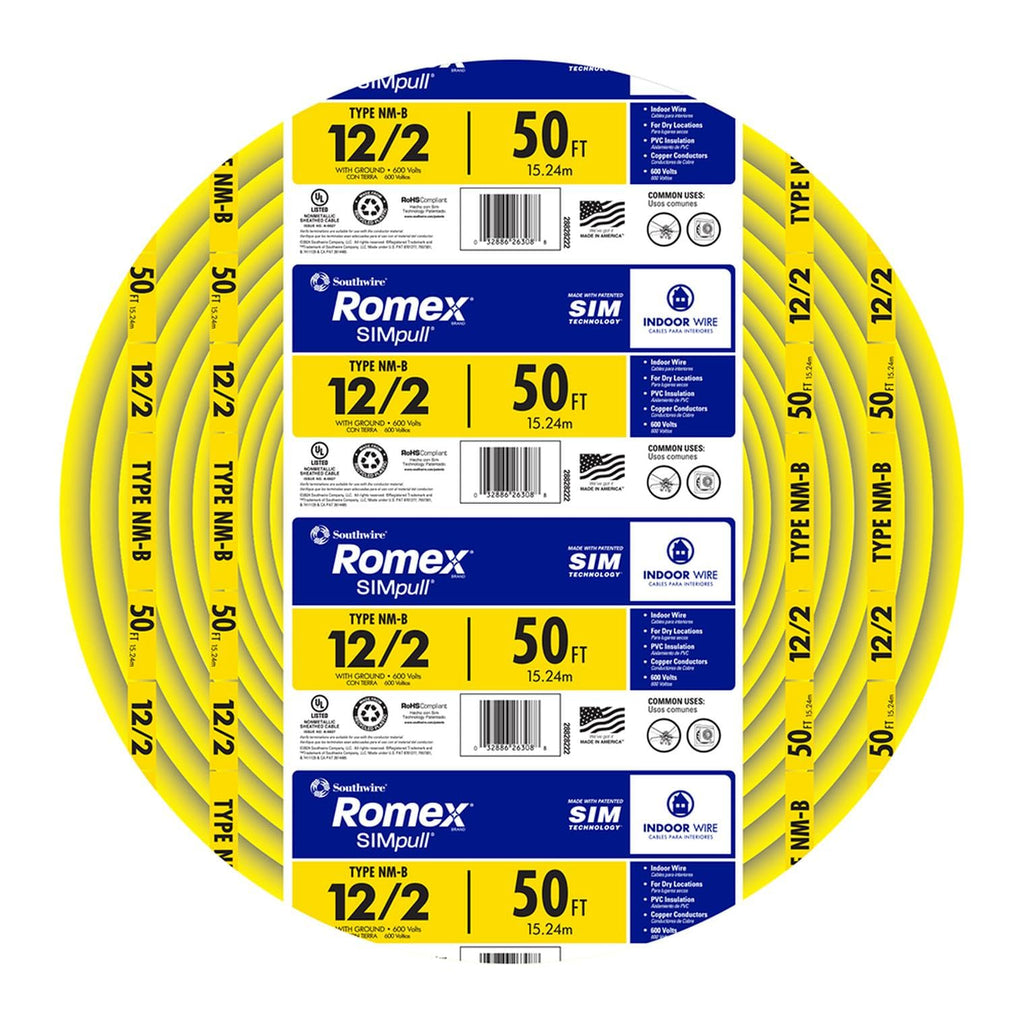 Southwire Romex™ Brand Simpull Solid Indoor 12/2 W/G NMB Cable 50ft coil - SW# 28828222