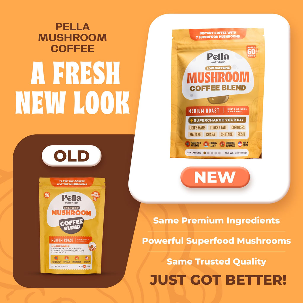 Low-Caffeine Mushroom Coffee (60 Servings) – Superfood Great Tasting Instant Coffee – Includes Lion's Mane, Reishi, Chaga, Cordyceps, Shiitake, Maitake, and Turkey Tail Mushroom Supplement
