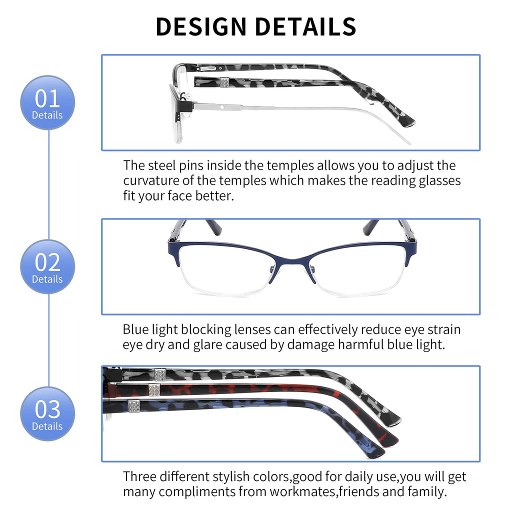 CRGATV 3-Pack Reading Glasses for Women Blue Light Blocking Metal Half Frame Computer Readers Anti UV/Eye Strain/Glare (+2.5 Magnification Strength)