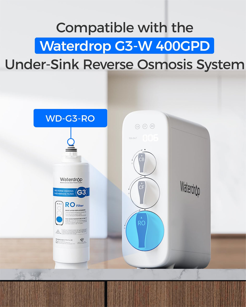 Waterdrop G3-N2RO Filter, Replacement for Waterdrop G3-W 400 GPD Reverse Osmosis System, Reduce PFAS, 2-year Lifetime