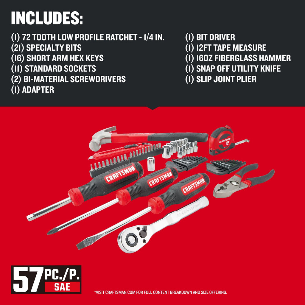 CRAFTSMAN 57 Piece Mechanics Tool Set Home Tool Set, Sockets, Ratchet, Screwdrivers, Hammer, Pliers, Hex Keys, Specialty Bits Hand Tools (CMMT99447)