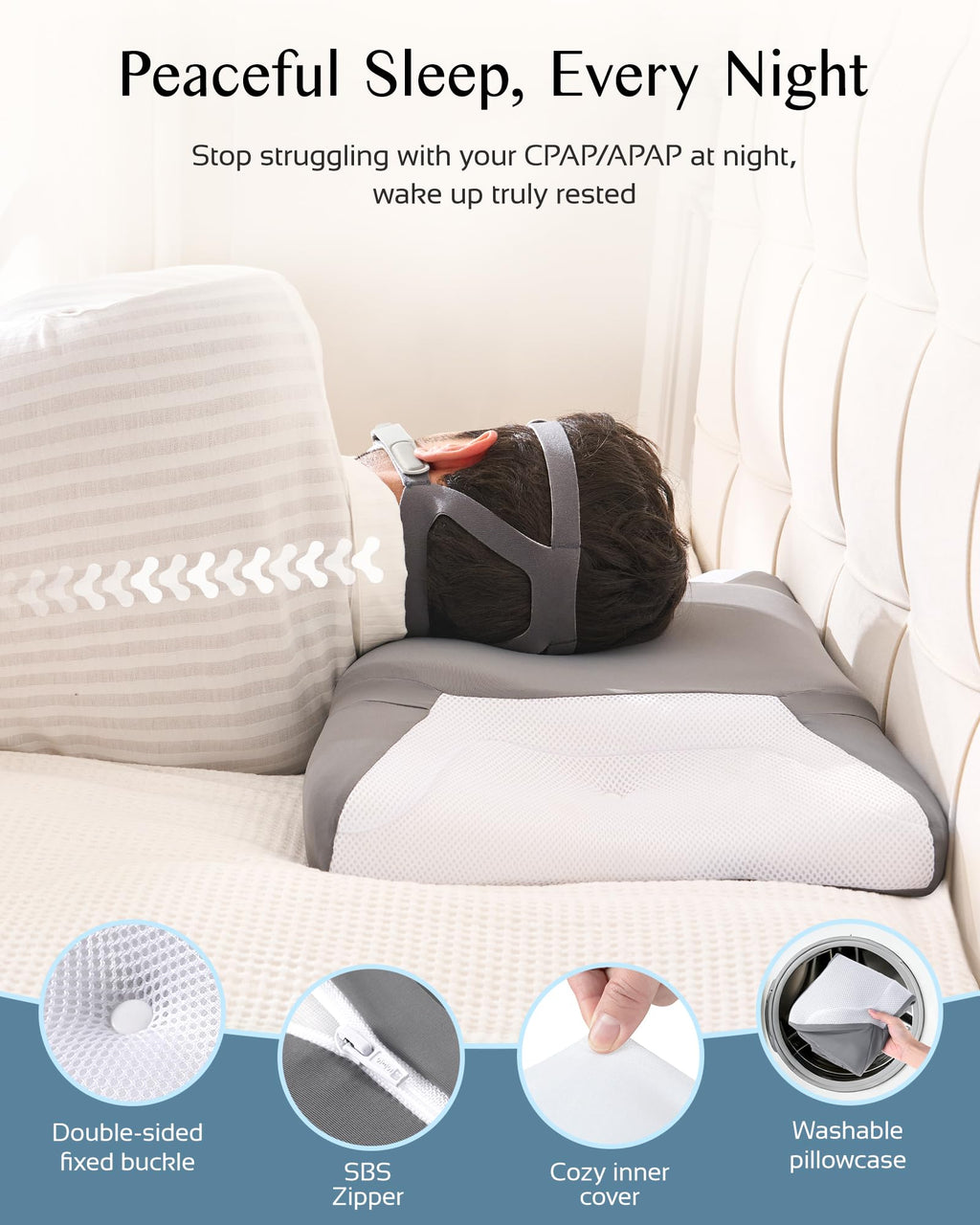 Joynox CPAP Pillow for Side Sleeping, HSA/FSA Sleep Apnea Pillow for All CPAP Masks Users to Reduce Air Leaks, Masks Pressure, Memory Foam with Cooling & Breathable Pillowcase for Side Back Sleeper